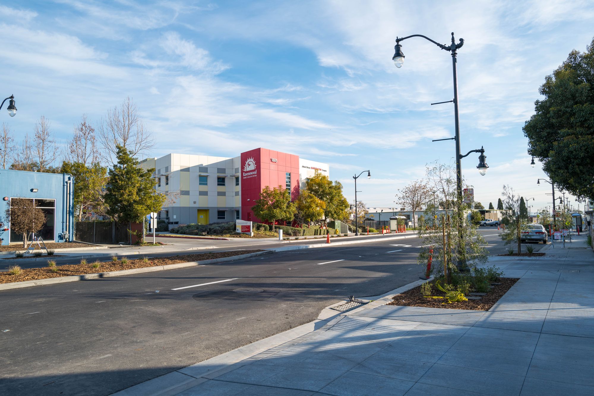 New Trees, Benches, Sidewalks, and Crosswalks on Bay Road in Ravenswood Business District